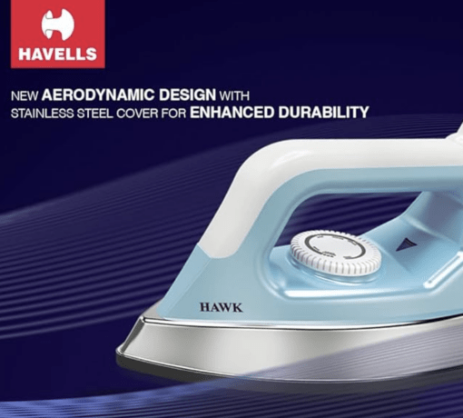 Havells ABS Hawk 1100 Watt Heavy Weight Dry Iron With American Heritage Non Stick Sole Plate, Aerodynamic Design, Easy Grip Temperature Knob & 2 Years Warranty. (Blue & White), 1100 Watts - Image 2